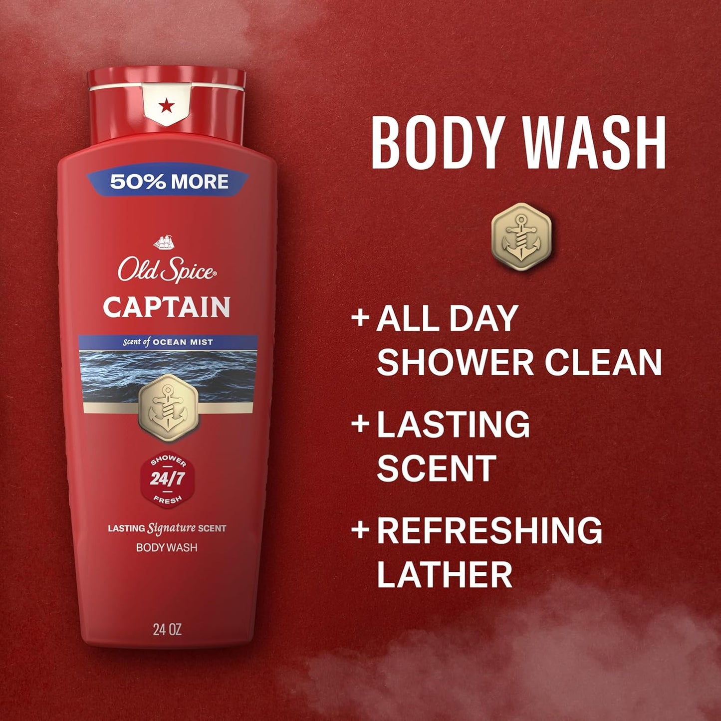 Old Spice Refreshing Body Wash for Men, 3X Defense, 24/7 Shower Fresh with Long Lasting Scent, Red Collection, Captain with Bergamot Scent, 24 oz (Pack of 4)