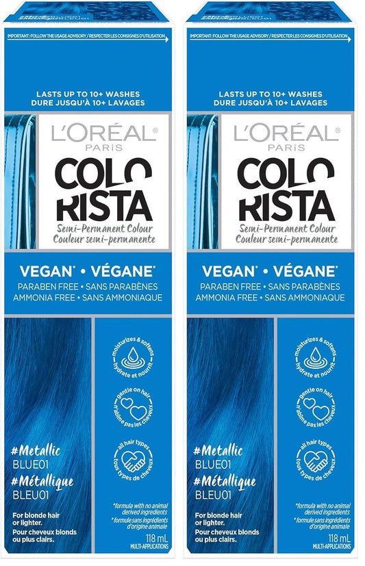 L'Oreal Paris Colorista Metallic Semi Permanent Hair Color for Bleached or Blonde Hair, Color Depositing Hair Mask Formula, Metallic Blue (Pack of 2)
