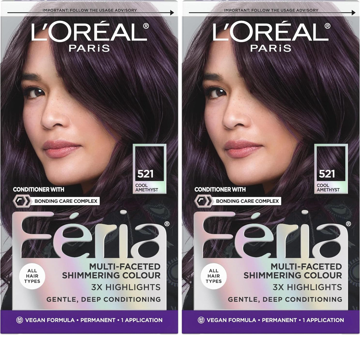 L’Oreal Paris Feria Multi-Faceted Shimmering Permanent Hair Color, 521 Cool Amethyst, Pack of 2 Hair Dye Kit