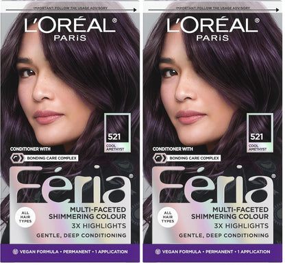 L’Oreal Paris Feria Multi-Faceted Shimmering Permanent Hair Color, 521 Cool Amethyst, Pack of 2 Hair Dye Kit