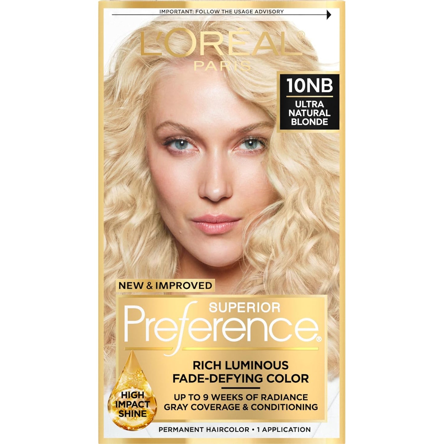 L'Oreal Paris Superior Preference Luminous Fade-Defying Permanent Hair Color, Hair Dye For Up to 9 Weeks of Radiance, Ultimate Natural Blonde 10NB, 1 Hair Dye Kit