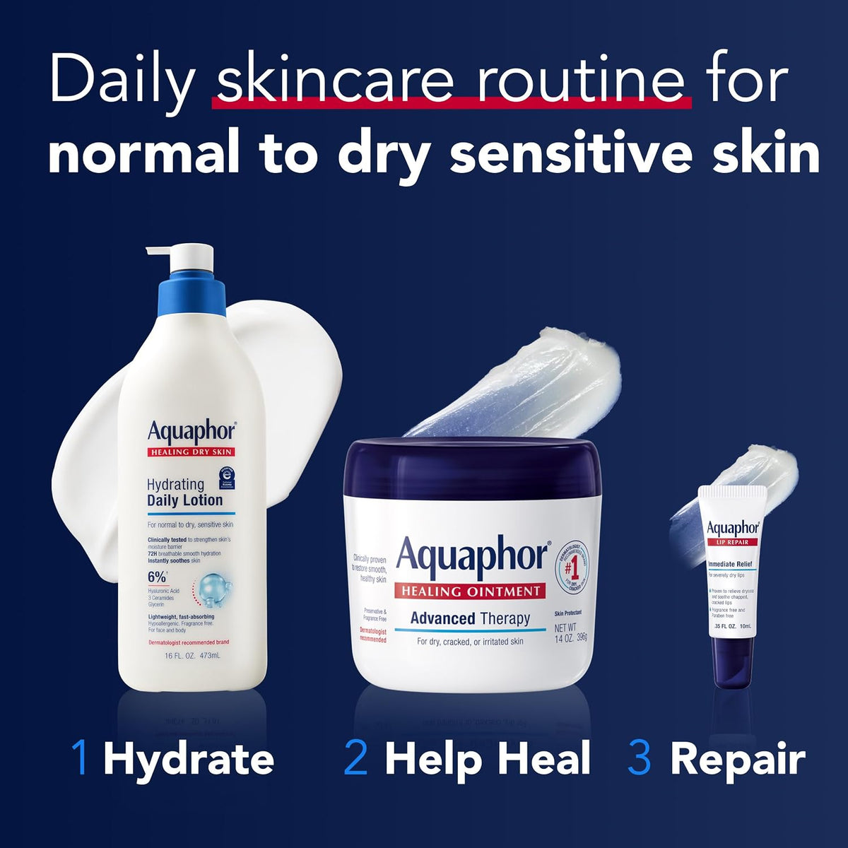 Aquaphor Daily Hydrating Face and Body Lotion, Hyaluronic Acid, 16 Fl Oz (Pack of 12)
