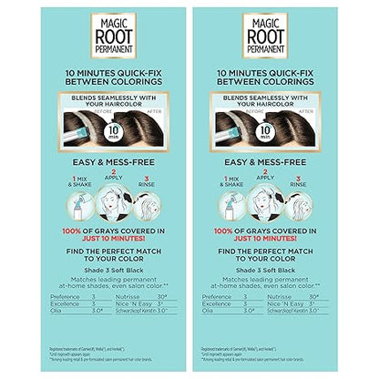 L'Oreal Paris Magic Root Permanent Hair Color Kit, 100% Gray Hair Coverage In Just 10 Minutes, Precision Brush Applicator for Seamless Application, 3 Soft Black (2 Count)