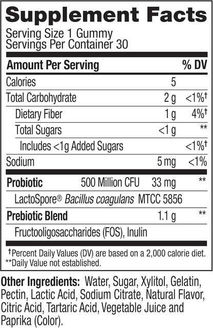 OLLY Probiotic + Prebiotic Gummy, 500 million CFUs, Peachy Peach - 30 Count
