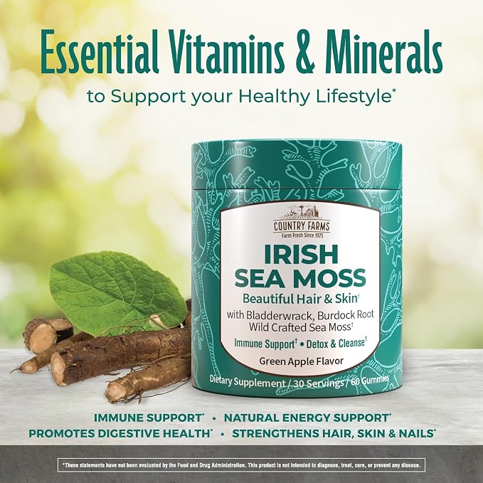COUNTRY FARMS Irish Sea Moss Gummies, 2000mg Irish Moss, Burdock Root, Bladderwrack for Immune Support, Promotes Digestive Health, Skin and Hair Support, Pectin Based, Vegan, Gluten Free, Green Apple
