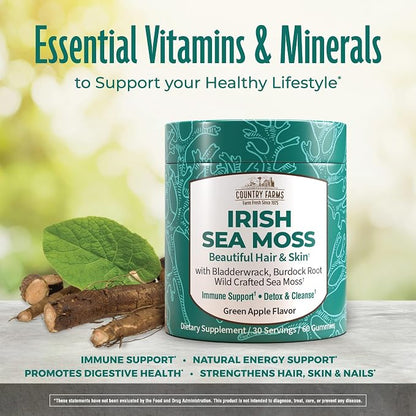COUNTRY FARMS Irish Sea Moss Gummies, 2000mg Irish Moss, Burdock Root, Bladderwrack for Immune Support, Promotes Digestive Health, Skin and Hair Support, Pectin Based, Vegan, Gluten Free, Green Apple