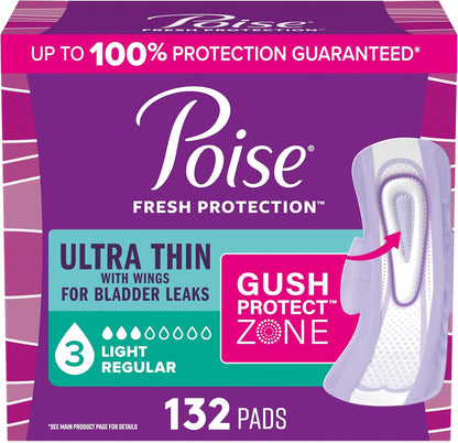 Poise Ultra Thin Incontinence & Postpartum Pads with Wings for Bladder Leaks, 3 Drop Light Absorbency, Regular Length, 132 Count (Packaging May Vary)