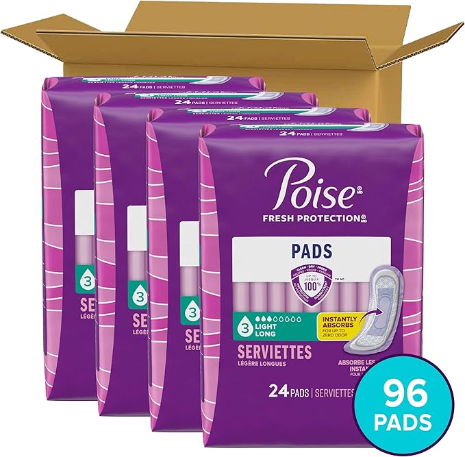 Poise Incontinence Pads & Postpartum Incontinence Pads, 3 Drop Light Absorbency, Long Length, 96 Count (4 Packs of 24), Packaging May Vary