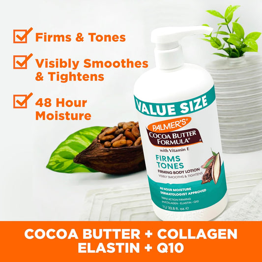 Palmer’s Cocoa Butter Formula, Firming Body Lotion (33.8 fl oz), Skin Toning & Tightening Moisturizer with Collagen, Elastin, Q10 & Vitamin E, 48-Hour Moisture, Vegan Friendly, Dermatologist Approved