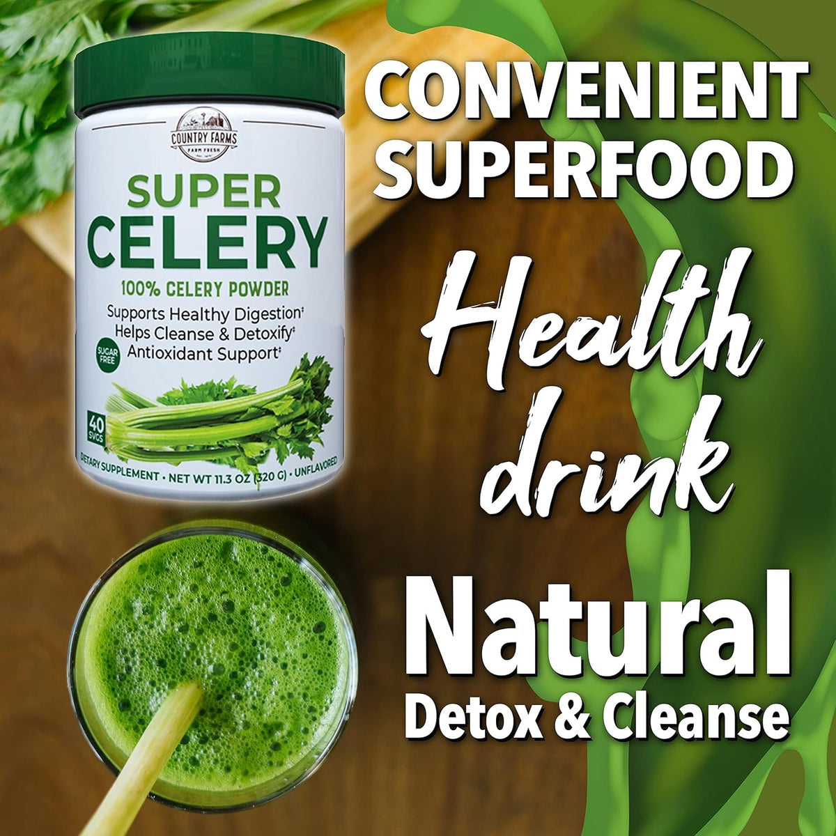 Country Farms Super Celery Powder, 100% Celery Powder, Supports Healthy Digestion, Helps Cleanse & Detoxify, Antioxidant Support, 40 Servings, 11.3 Ounce (Pack of 1)