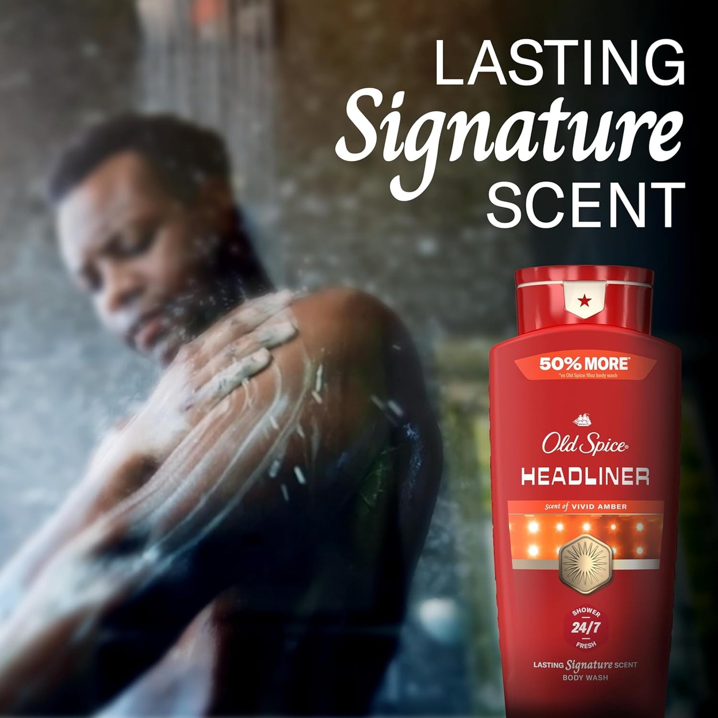 Old Spice Body Wash for Men, 24/7 Shower Fresh & Clean with Daily Use, Lasting Signature Scent, Refreshing Lather, Moisturizing Formula, Headliner with Black Currant, Leather, & Amber Scent, 24 oz