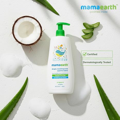 Mamaearth Deeply Nourishing Baby Body Wash | Tear Free Formula with Natural Cleansers | Hydrating Coconut & Jojoba Oil | Moisturizes Delicate Skin of Babies | 13.53 Fl Oz (400ml) | Baby body wash formulated with coconut and jojoba oil.