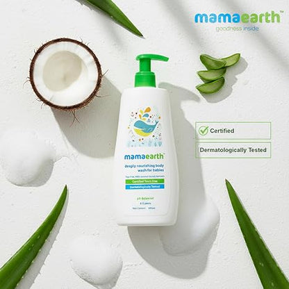 Mamaearth Deeply Nourishing Baby Body Wash | Tear Free Formula with Natural Cleansers | Hydrating Coconut & Jojoba Oil | Moisturizes Delicate Skin of Babies | 13.53 Fl Oz (400ml) | Baby body wash formulated with coconut and jojoba oil.