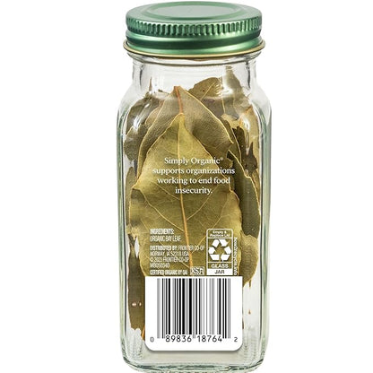 Simply Organic Whole Bay Leaf, 0.14 Ounce Glass Jar, Kosher, Sweet, Earthy Aroma, No ETO, Non GMO