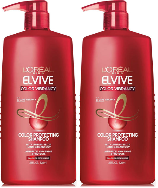 L'Oreal Paris Elvive Color Vibrancy Shampoo, 28 Fl Oz, Pack of 2 | For Color Treated Hair | Color Protection | With Linseed Elixir | High Shine