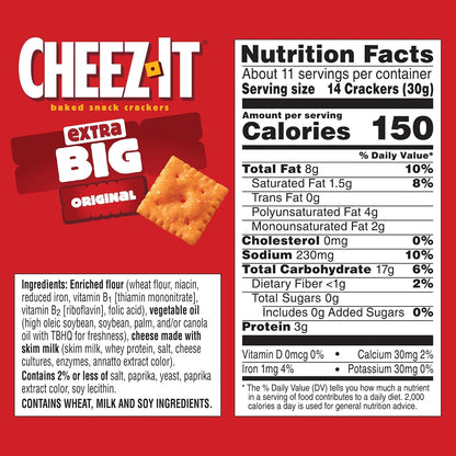 Cheez-It Cheese Crackers, Baked Snack Crackers, Lunch Snacks, Extra Big, 11.7oz Box (1 Box)