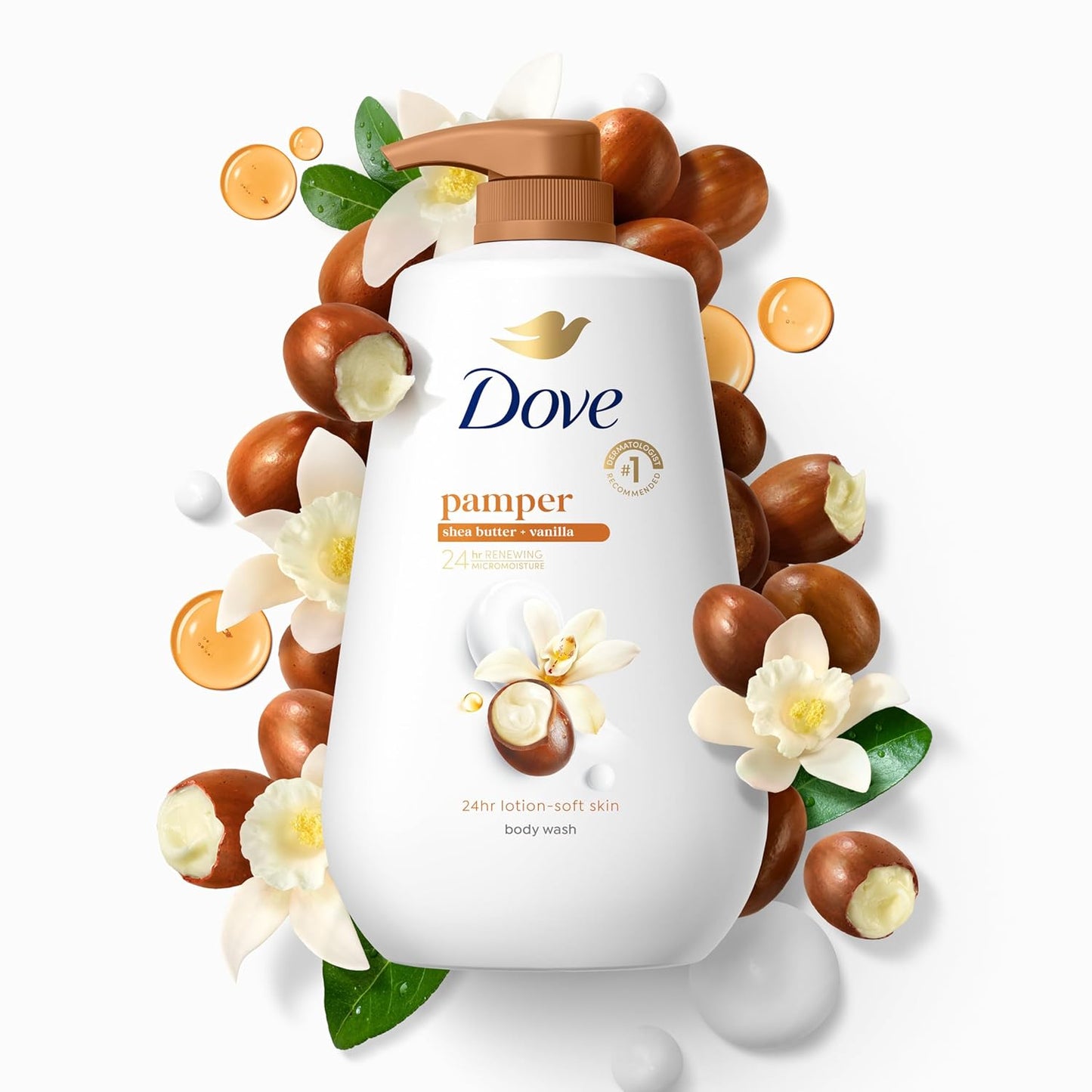 Dove Body Wash with Pump Pamper Shea Butter & Vanilla for 24hr Lotion-Soft Skin Moisturizing Skin Cleanser with No Sulfates No Parabens 30.6 oz (Pack of 2)