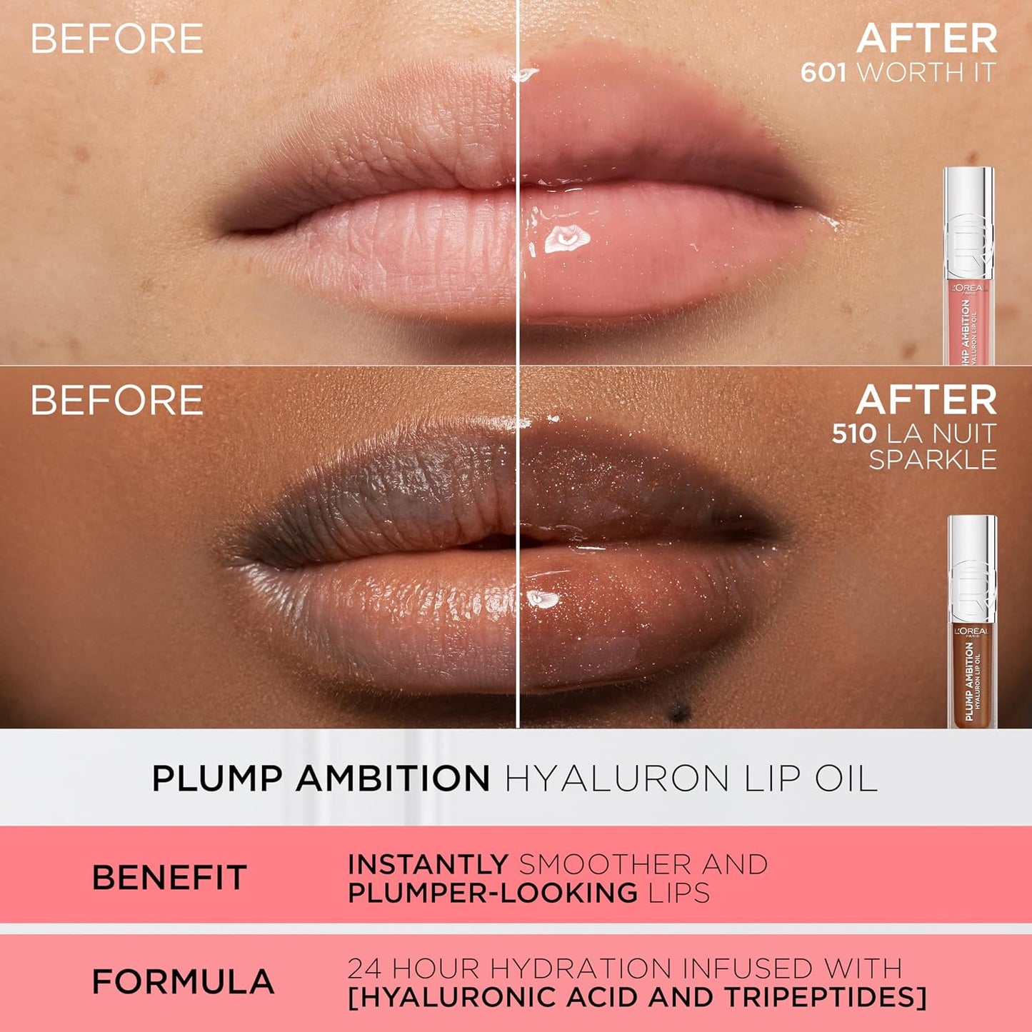 L'Oreal Paris Plump Ambition Hyaluron Lip Oil, 24 HR Lip Gloss with Hyaluronic Acid, Volumizing Formula with Glass-Like Shine, Worth It 601, 0.16 Fl Oz