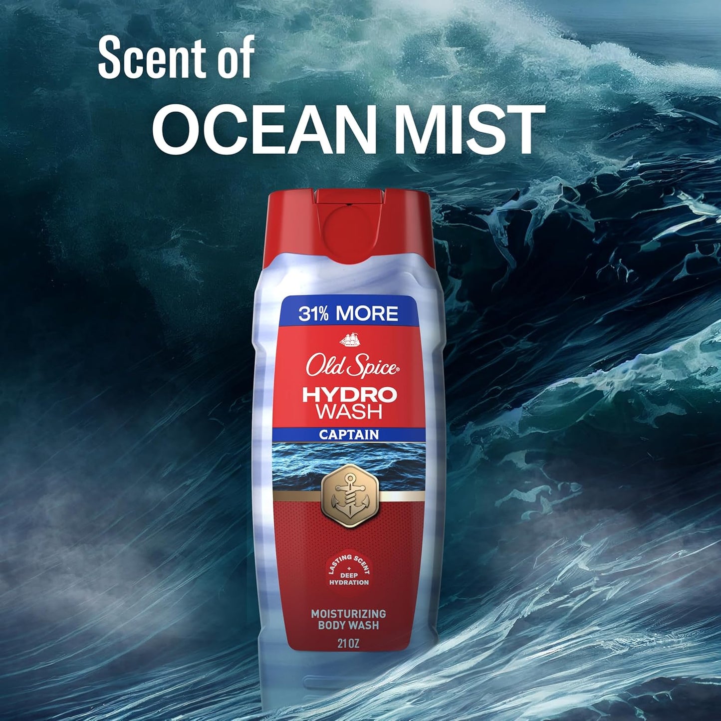 Old Spice Moisturizing Body Wash for Men, Hydro Wash, 2-in-1 Long Lasting Scent & Deep Hydration, 24/7 Shower Fresh, Captain Scent with Ocean Mist & Bergamot, 21 oz (Pack of 4)
