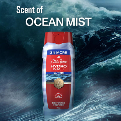 Old Spice Moisturizing Body Wash for Men, Hydro Wash, 2-in-1 Long Lasting Scent & Deep Hydration, 24/7 Shower Fresh, Captain Scent with Ocean Mist & Bergamot, 21 oz (Pack of 4)