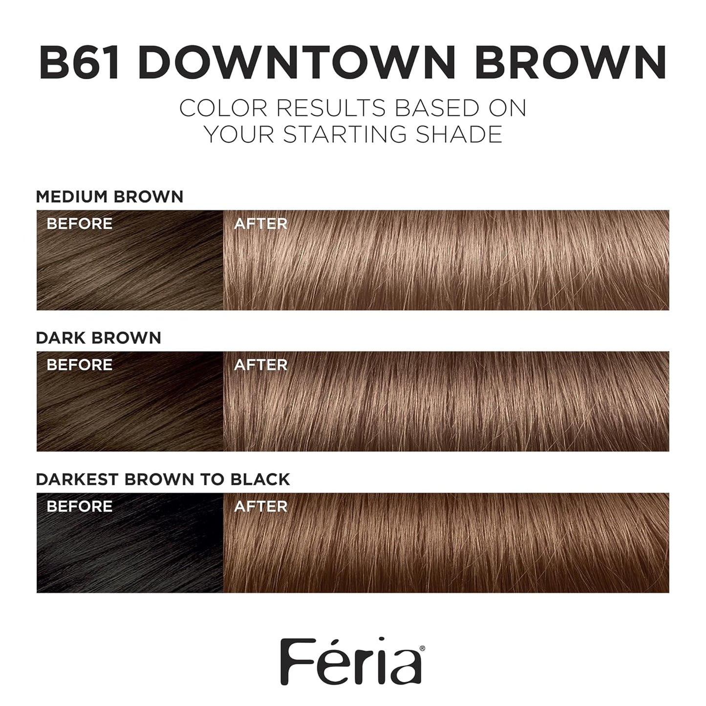 L'Oreal Paris Feria Multi-Faceted Shimmering Permanent Hair Color, B61 Downtown Brown (Hi-Lift Cool Brown), 1 Hair Dye Kit