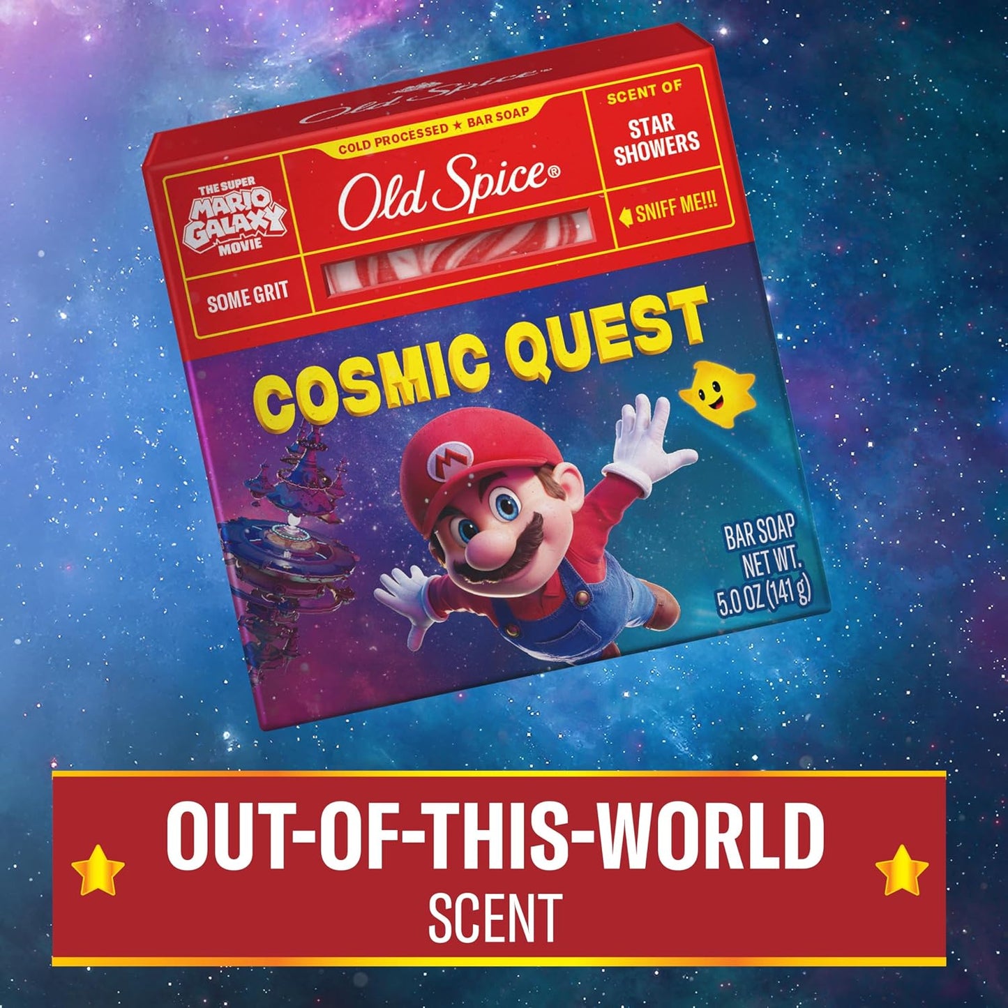 Old Spice Bar Soap for Men, x The Super Mario Galaxy Movie, Cold Pressed with Grit, Made with Natural Oils & Plant Based Cleanser, Star Showers with Juicy Pear & Cedarwood Scent, 5.0 oz