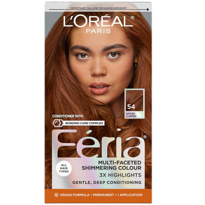L'Oreal Paris Feria Multi-Faceted Shimmering Permanent Hair Color, High Intensity Hair Dye for 3X Highlights, 54 Spiced Copper, 1 Kit