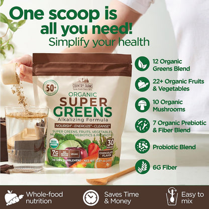 Country Farms Super Greens Chocolate Flavor, 50 Organic Super Foods, USDA Organic Drink Mix (Wheat Grass, Spirulina, Chlorella) Mushrooms & Probiotics, with Fiber, Natural Energy, 30 Servings