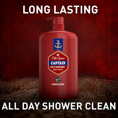 Old Spice Refreshing Body Wash for Men, 3X Defense, 24/7 Shower Fresh with Long Lasting Scent, Red Collection, Captain with Bergamot Scent, 33.4 oz,(Pack of 2)