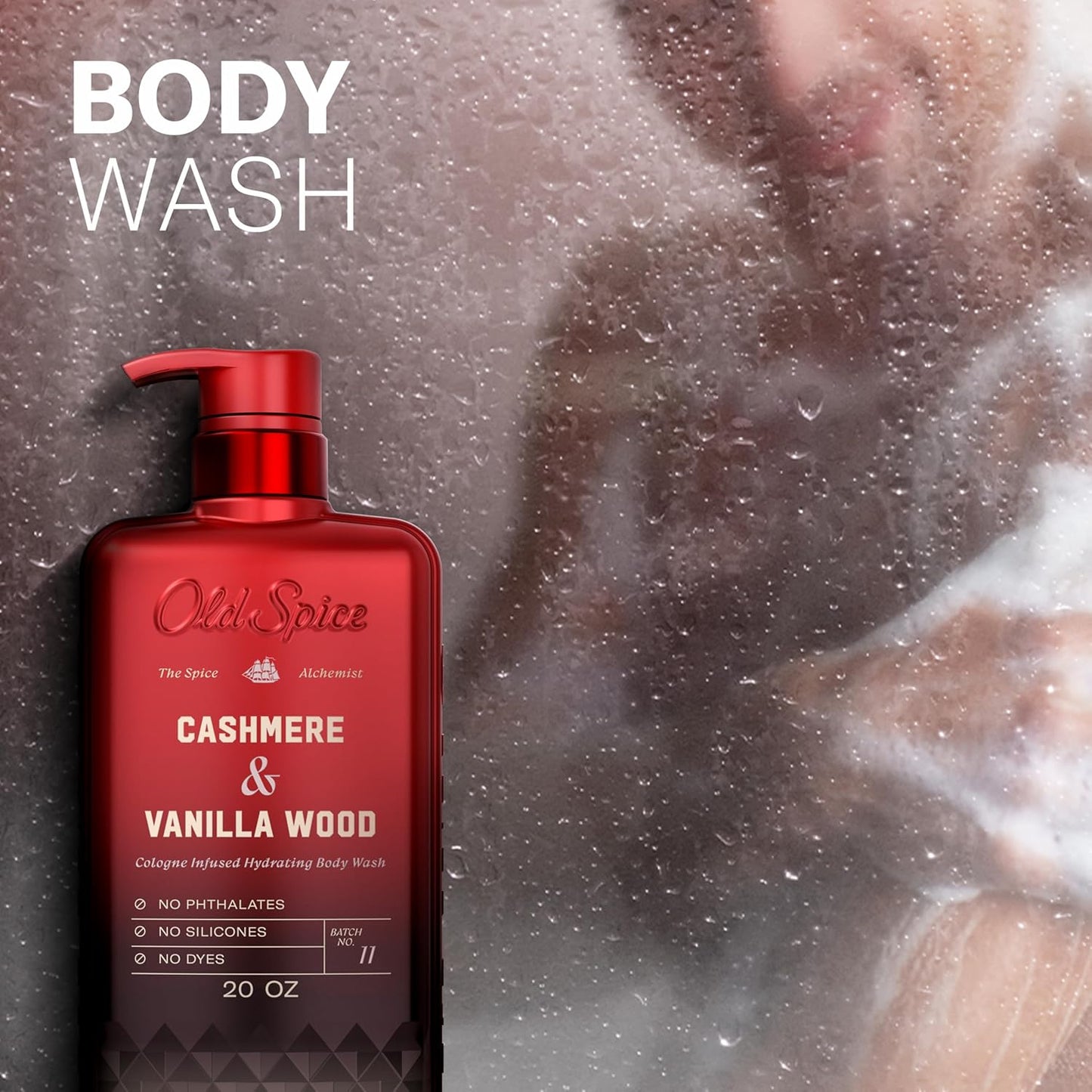 Old Spice Body Wash for Men, The Spice Alchemist Collection, 24/7 Cologne Infused Hydration, No Trade Off Formula, Free of Phthalates Silicones & Dyes, Cashmere + Vanilla Wood Scent, 20 oz