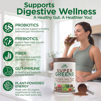 Country Farms Organic Super Greens Powder, Daily Greens Drink Mix with 50 Organic Superfoods, Fruits, Vegetables, Fiber, Mushrooms & Probiotics for Gut Health, Digestion & Energy, Chocolate Flavor