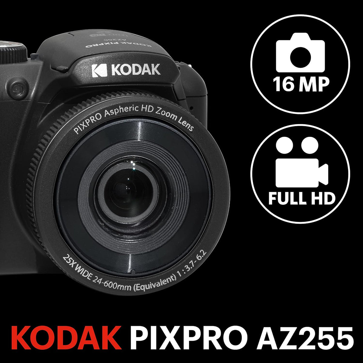 KODAK PIXPRO AZ255 16MP Digital Camera, 25x Optical Zoom, AA, OIS, Black
