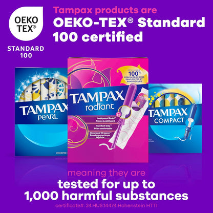 Tampax Radiant Tampons for Women Multipack, with LeakGuard Braid, Regular/Super Absorbency, Unscented, 84 Count (3 Packs of 28), Packaging May Vary