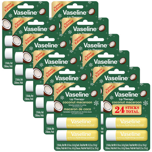 Vaseline Lip Therapy Coconut Macaron Lip Balm Bulk, 12 Twin Packs (24 Sticks) + Lip Protectant, Stocking Stuffers, Secret Santa, 0.32 Oz Ea