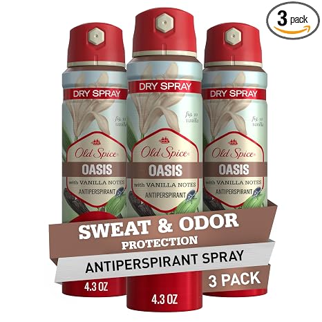 Old Spice Dry Spray Antiperspirant Deodorant for Men, 24/7 Freshness, 24/7 Sweat & Odor Protection, Gentle on Skin with Skin Conditioners, Oasis with Vanilla + Argan Oil, 4.3 oz (Pack of 3)