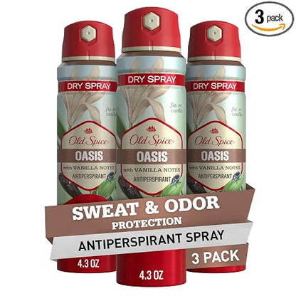 Old Spice Dry Spray Antiperspirant Deodorant for Men, 24/7 Freshness, 24/7 Sweat & Odor Protection, Gentle on Skin with Skin Conditioners, Oasis with Vanilla + Argan Oil, 4.3 oz (Pack of 3)
