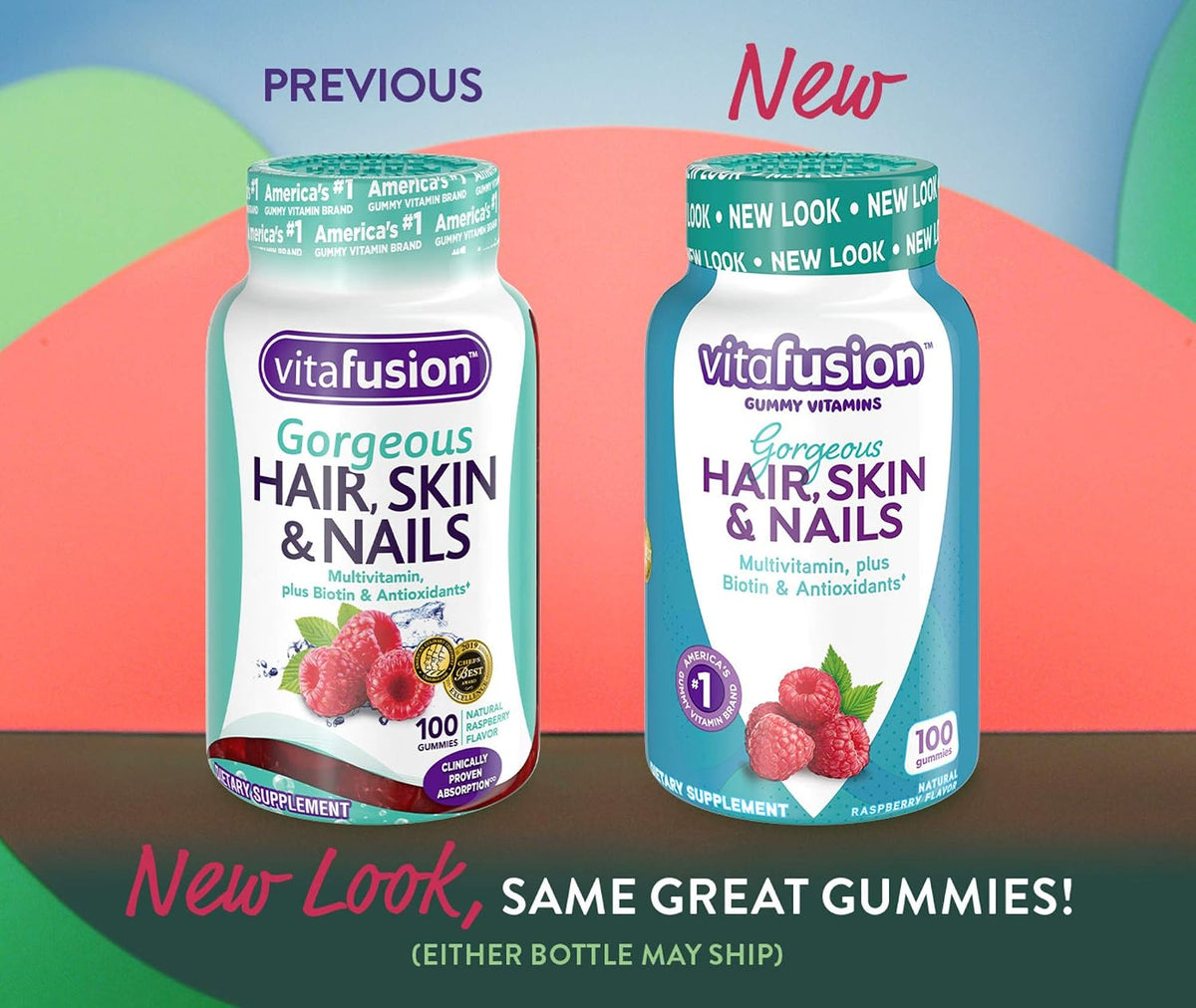 Vitafusion Gorgeous Hair, Skin Nails Multivitamin Gummy Vitamins, Plus Biotin and Antioxidant Vitamins CE, Raspberry Flavor, from America’s,100ct (33 Day Supply) (Pack of 2)
