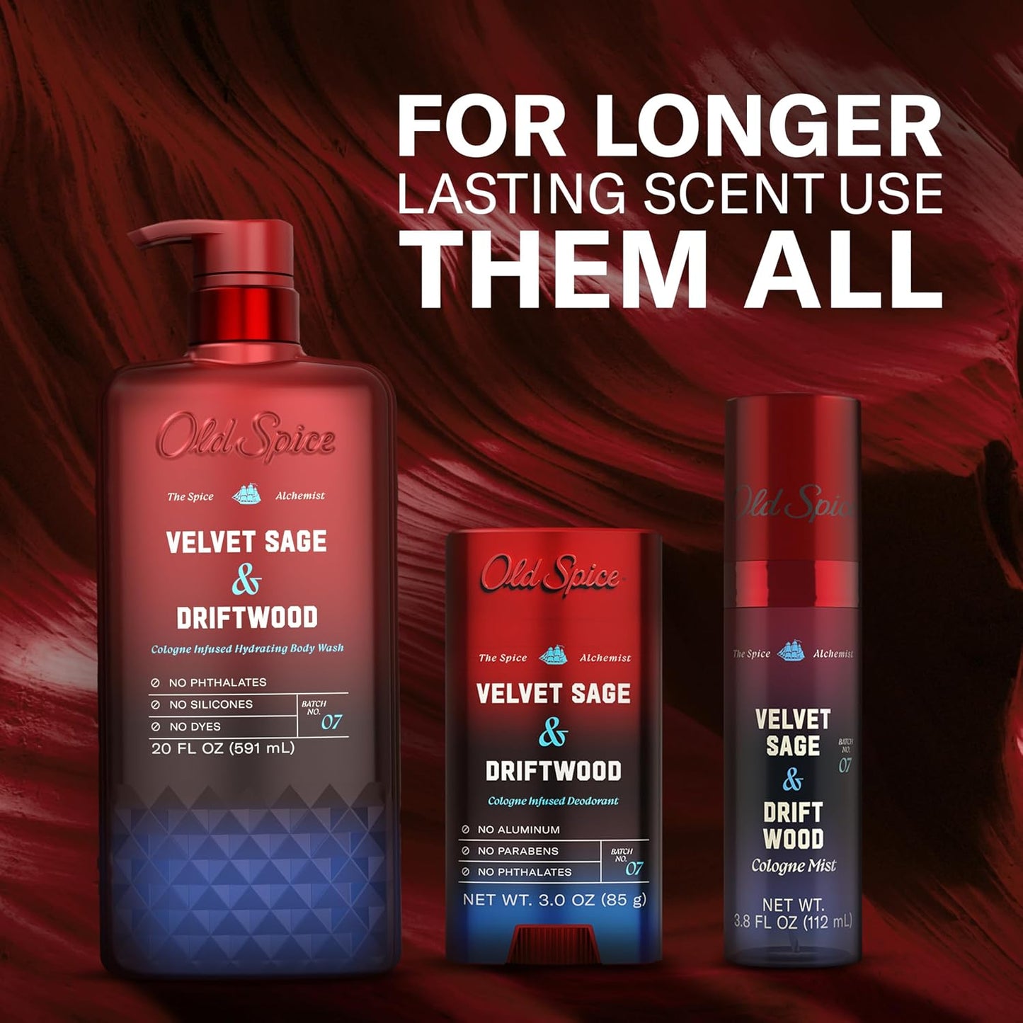 Old Spice Aluminum Free Deodorant for Men, The Spice Alchemist Collection, 24/7 Cologne Infused Scent, No Trade Off Formula, Free of Parabens & Phthalates, Velvet Sage + Drift Wood Scent, 3.0 oz