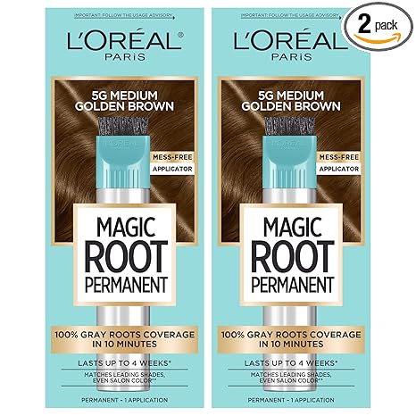 L'Oreal Paris Magic Root Permanent Hair Color Kit, 100% Gray Hair Coverage In Just 10 Minutes, Precision Brush Applicator for Seamless Application, 5G Medium Golden Brown (2 Count)