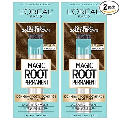L'Oreal Paris Magic Root Permanent Hair Color Kit, 100% Gray Hair Coverage In Just 10 Minutes, Precision Brush Applicator for Seamless Application, 5G Medium Golden Brown (2 Count)