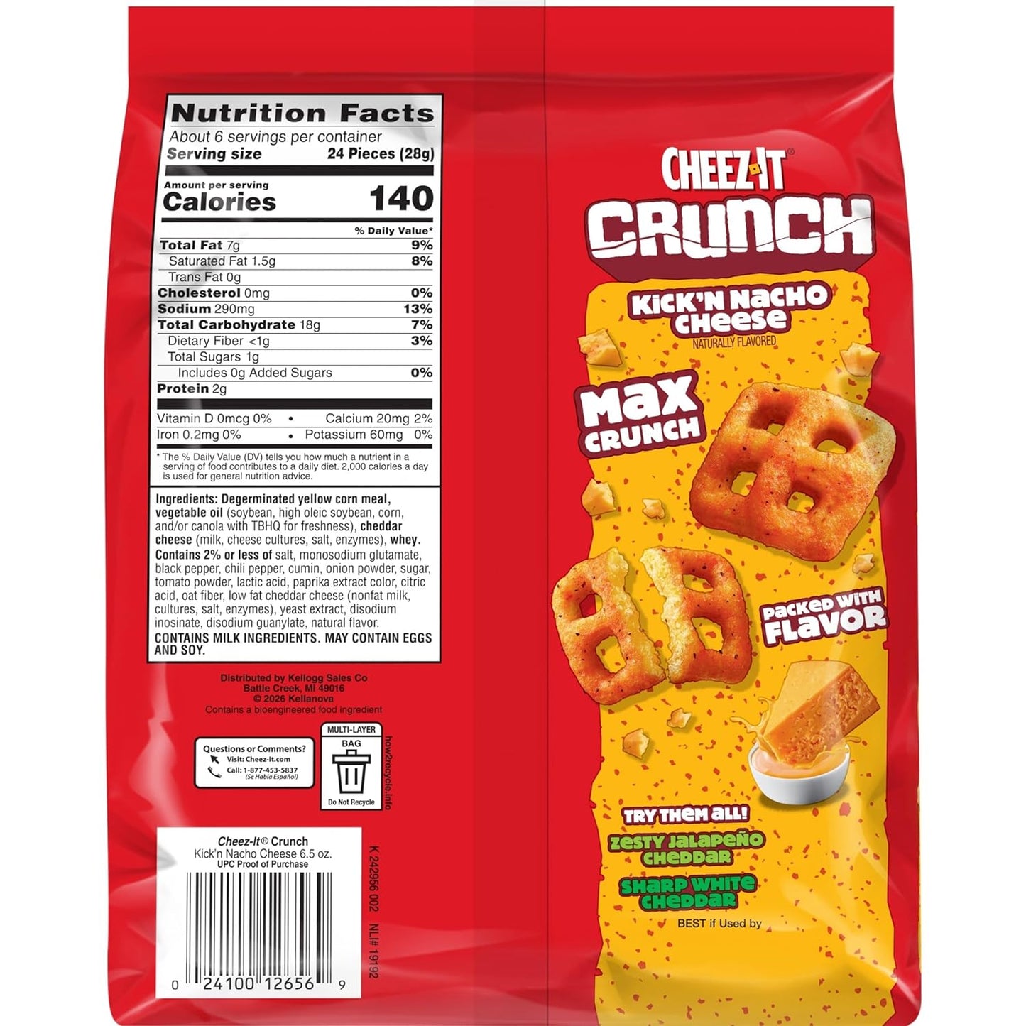 Cheez-It Crunch Cheesy Baked Snacks, Lunch Snacks, Kick'n Nacho Cheese (6 Bags)