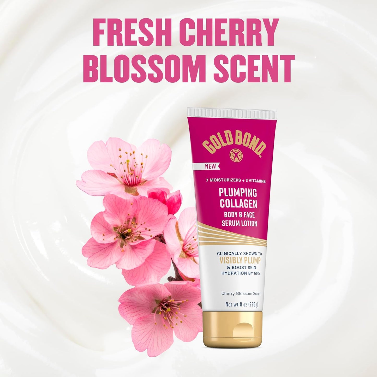 Gold Bond Plumping Collagen Body & Face Serum Lotion, Hydrating Moisturizer | Scented lotion with collagen peptide complex, jojoba & grapeseed oils to visibly plump skin, cherry blossom scent, 8 oz