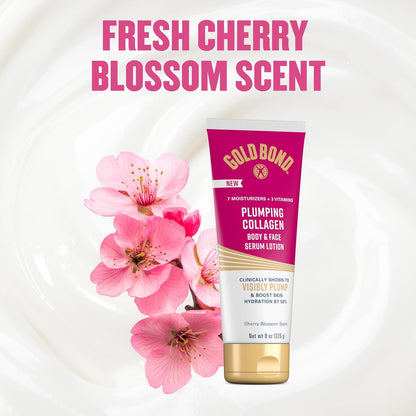 Gold Bond Plumping Collagen Body & Face Serum Lotion, Hydrating Moisturizer | Scented lotion with collagen peptide complex, jojoba & grapeseed oils to visibly plump skin, cherry blossom scent, 8 oz