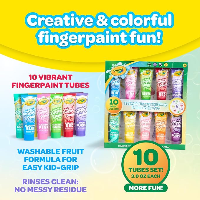 Crayola Bathtub Fingerpaint Deluxe Value Pack 10-Piece Set for Kids, 3 OZ Tubes of Washable Soap Paint, Non-Toxic, Stain Free Bath Toys for Kids