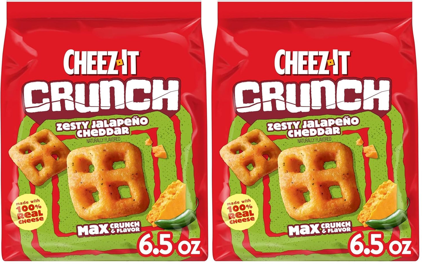 Cheez-It Crunch Cheesy Baked Snacks, Lunch Snacks, Zesty Jalapeno Cheddar, 6.5oz Bag (1 Bag) (Pack of 2)