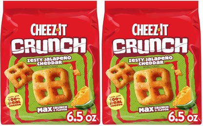 Cheez-It Crunch Cheesy Baked Snacks, Lunch Snacks, Zesty Jalapeno Cheddar, 6.5oz Bag (1 Bag) (Pack of 2)