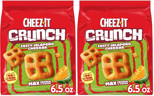 Cheez-It Crunch Cheesy Baked Snacks, Lunch Snacks, Zesty Jalapeno Cheddar, 6.5oz Bag (1 Bag) (Pack of 2)