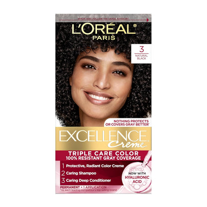 L'Oreal Paris Excellence Crème Permanent Hair Dye, Triple Care Hair Color with Hyaluronic Acid for 100% Gray Coverage, 3 Natural Black, 1 Kit (Packaging May Vary)
