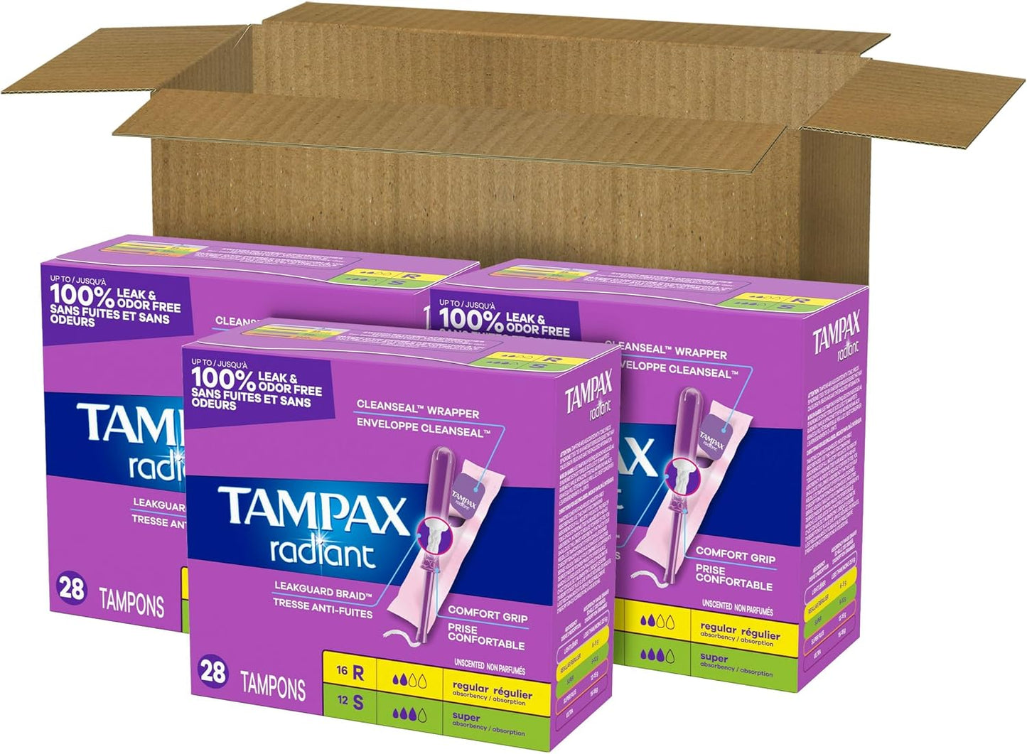 Tampax Radiant Tampons for Women Multipack, with LeakGuard Braid, Regular/Super Absorbency, Unscented, 84 Count (3 Packs of 28), Packaging May Vary