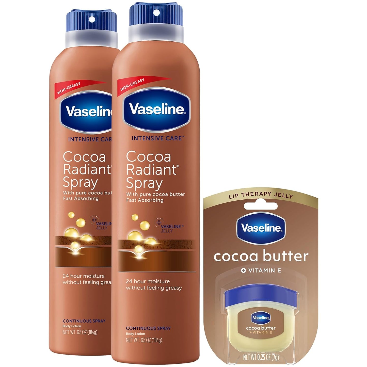 Vaseline Cocoa Radiant Spray Body Lotion 2-Pack + Mini Lip Therapy for Soft, Glowing Skin & Lips